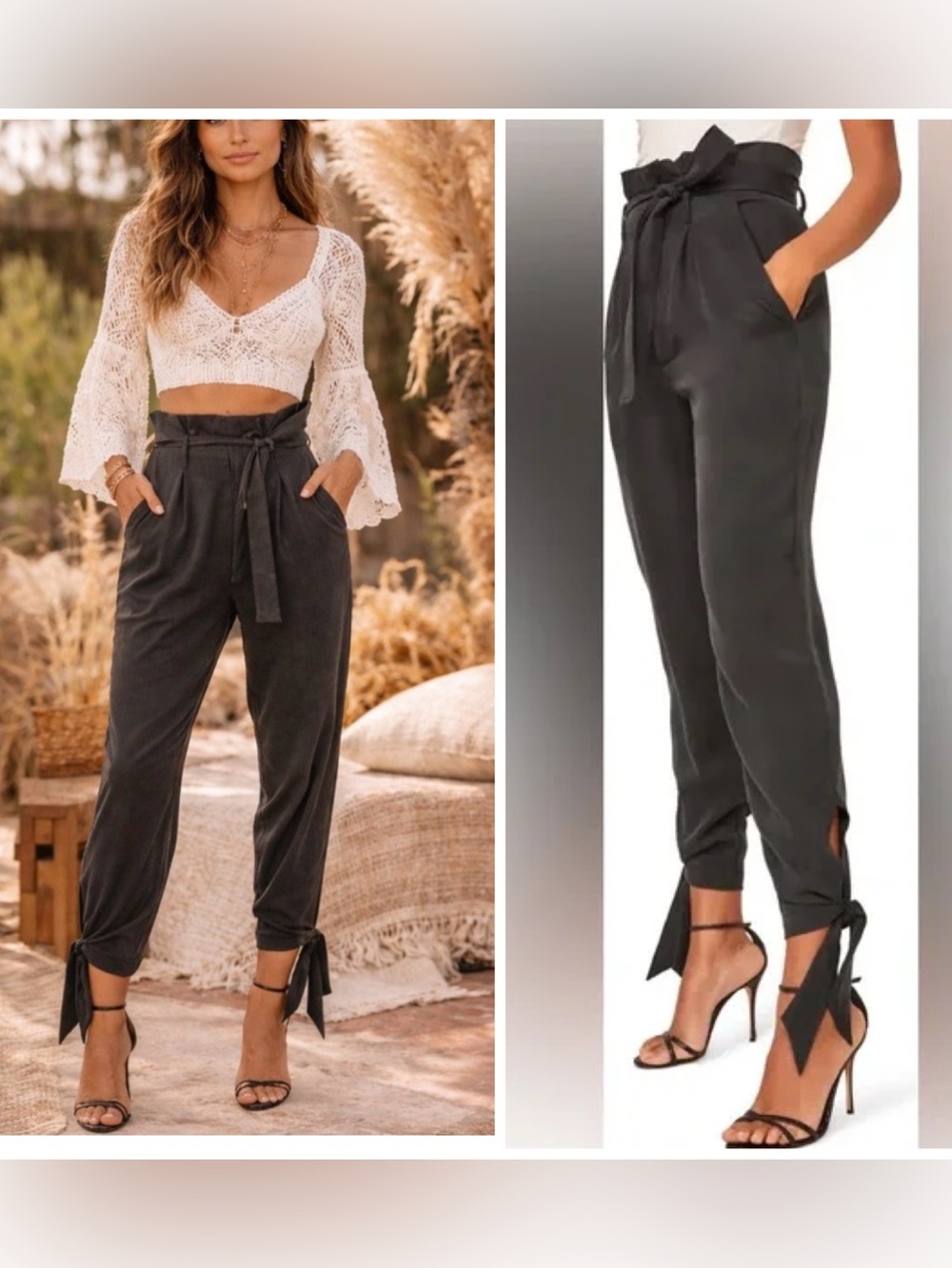 Reformation Avalon Black Tie Ankle Pleat Belted Trouser Pants High Waist 4P NEW